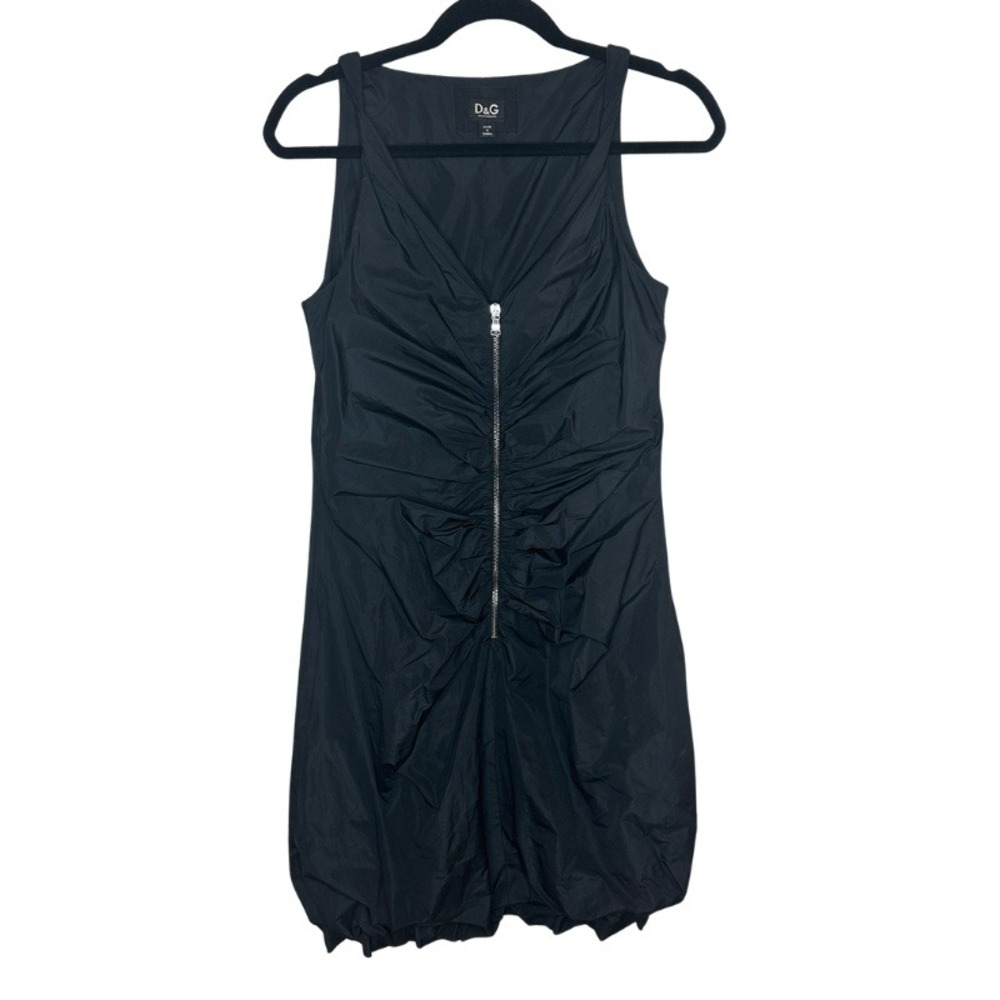 D&G Dolce & Gabbana‎ Black Ruched Front Zip Bubble Hem Mini Dress Size 42